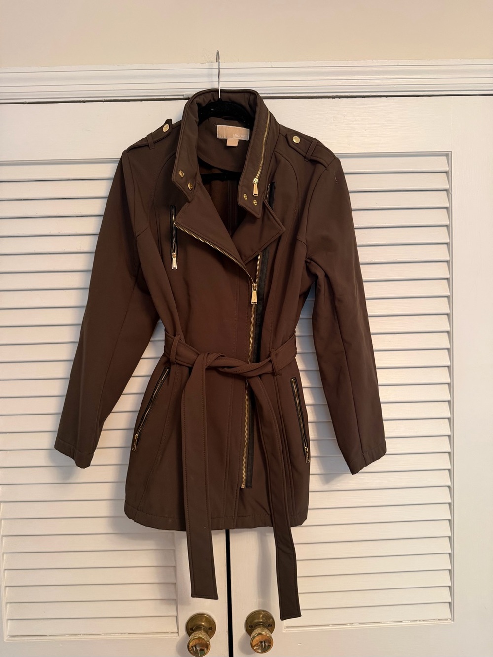 MICHAEL Michael Kors Army Green Belted Trench Coat with Gold Hardware